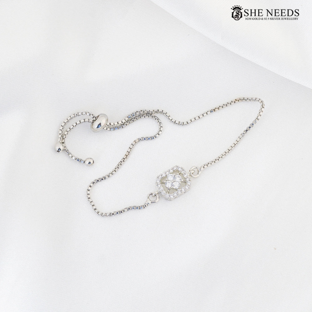 Silver CZ Stone Adjustable Bracelet with Halo Accents
