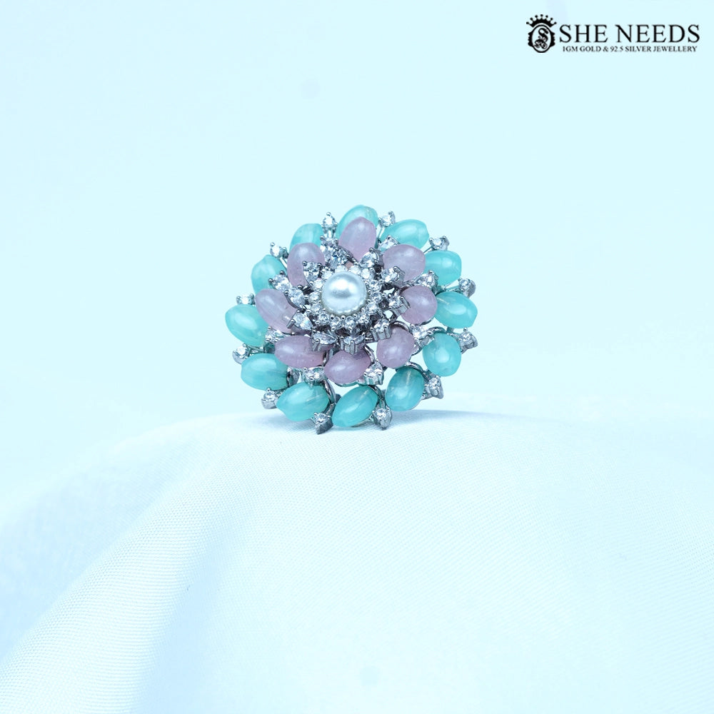 Pearl blossom pastel floral statement finger ring for women