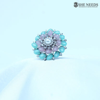 Pearl blossom pastel floral statement finger ring for women