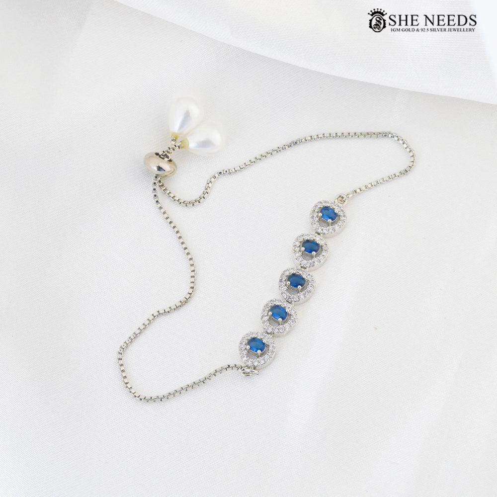 Blue CZ Adjustable Bracelet with Halo Design