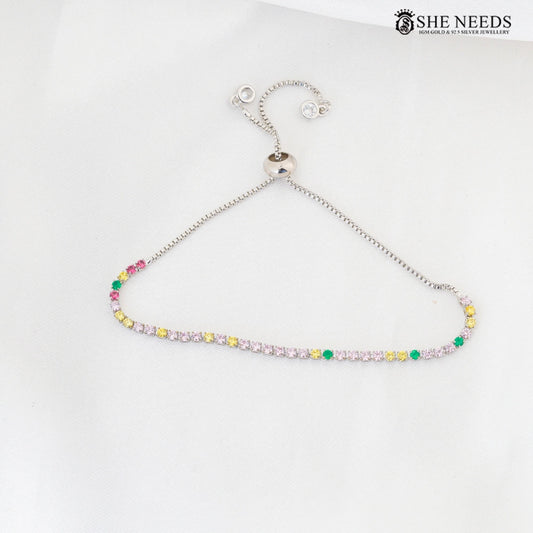 Multicolor CZ Adjustable Tennis Bracelet with Silver Finish