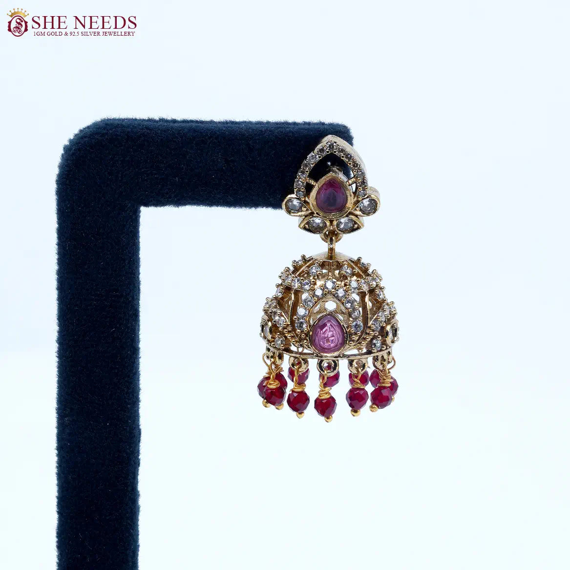 Blush teardrop crystal antique jhumka earrings with pink bead drops by She Needs Jewellery