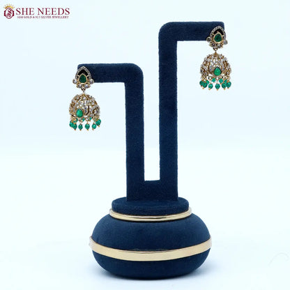 Blush teardrop crystal antique jhumka earrings with Light green bead drops by She Needs Jewellery