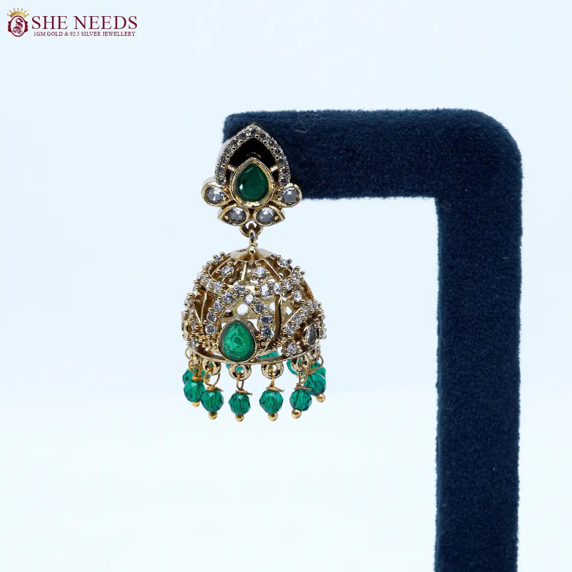 Blush teardrop crystal antique jhumka earrings with Light green bead drops by She Needs Jewellery