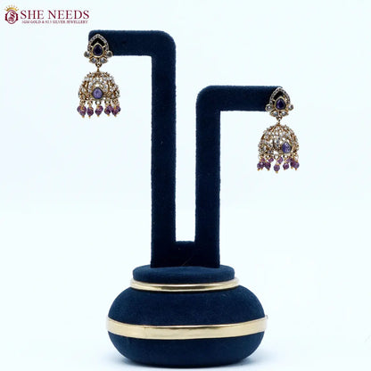 Blush teardrop crystal antique jhumka earrings with purple bead drops by She Needs Jewellery