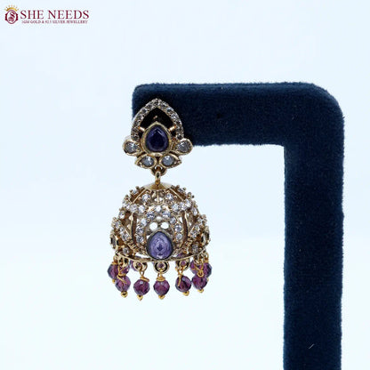 Blush teardrop crystal antique jhumka earrings with purple bead drops by She Needs Jewellery