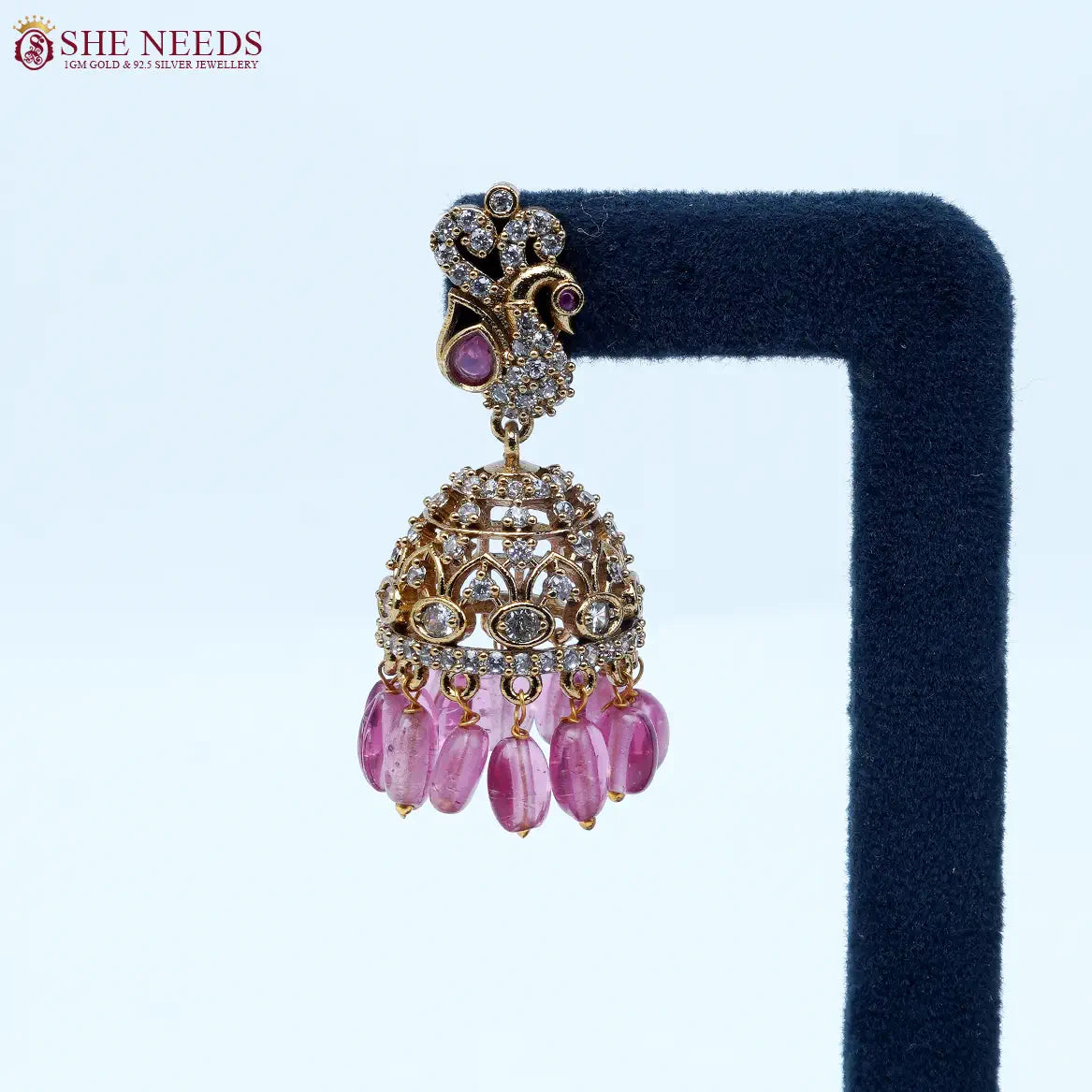 Emerald green crystal antique jhumka earrings with pink bead drops by She Needs Jewellery