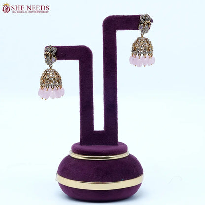 Emerald crystal antique jhumka earrings with light  pink bead drops by She Needs Jewellery