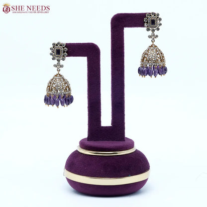 Royal amethyst crystal dome jhumka earrings with purple bead drops by She Needs Jewellery
