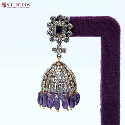 Royal amethyst crystal dome jhumka earrings with purple bead drops by She Needs Jewellery
