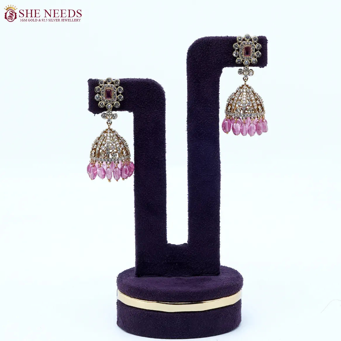 Royal amethyst crystal dome jhumka earrings with pink bead drops by She Needs Jewellery