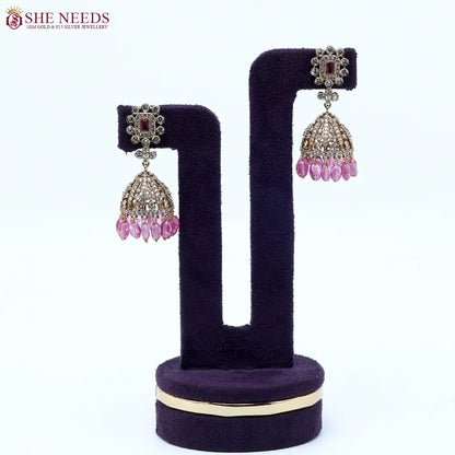 Royal amethyst crystal dome jhumka earrings with pink bead drops by She Needs Jewellery