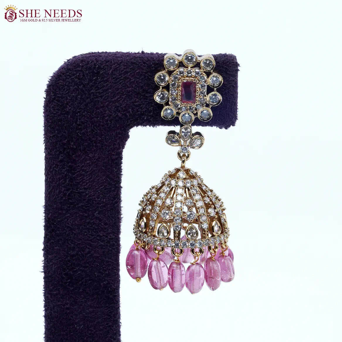 Royal amethyst crystal dome jhumka earrings with pink bead drops by She Needs Jewellery