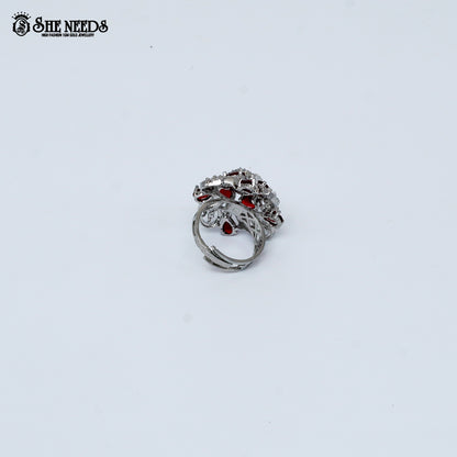 Silver ruby floral cocktail ring with cubic zirconia stones for women