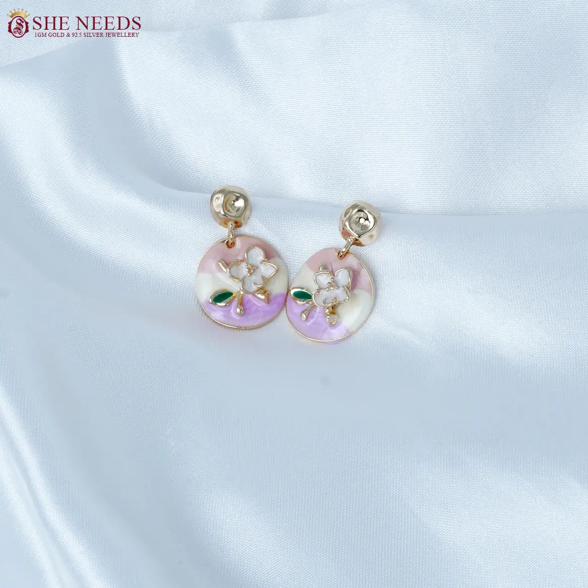 Lavender & White Enamel Floral Fancy Earrings
