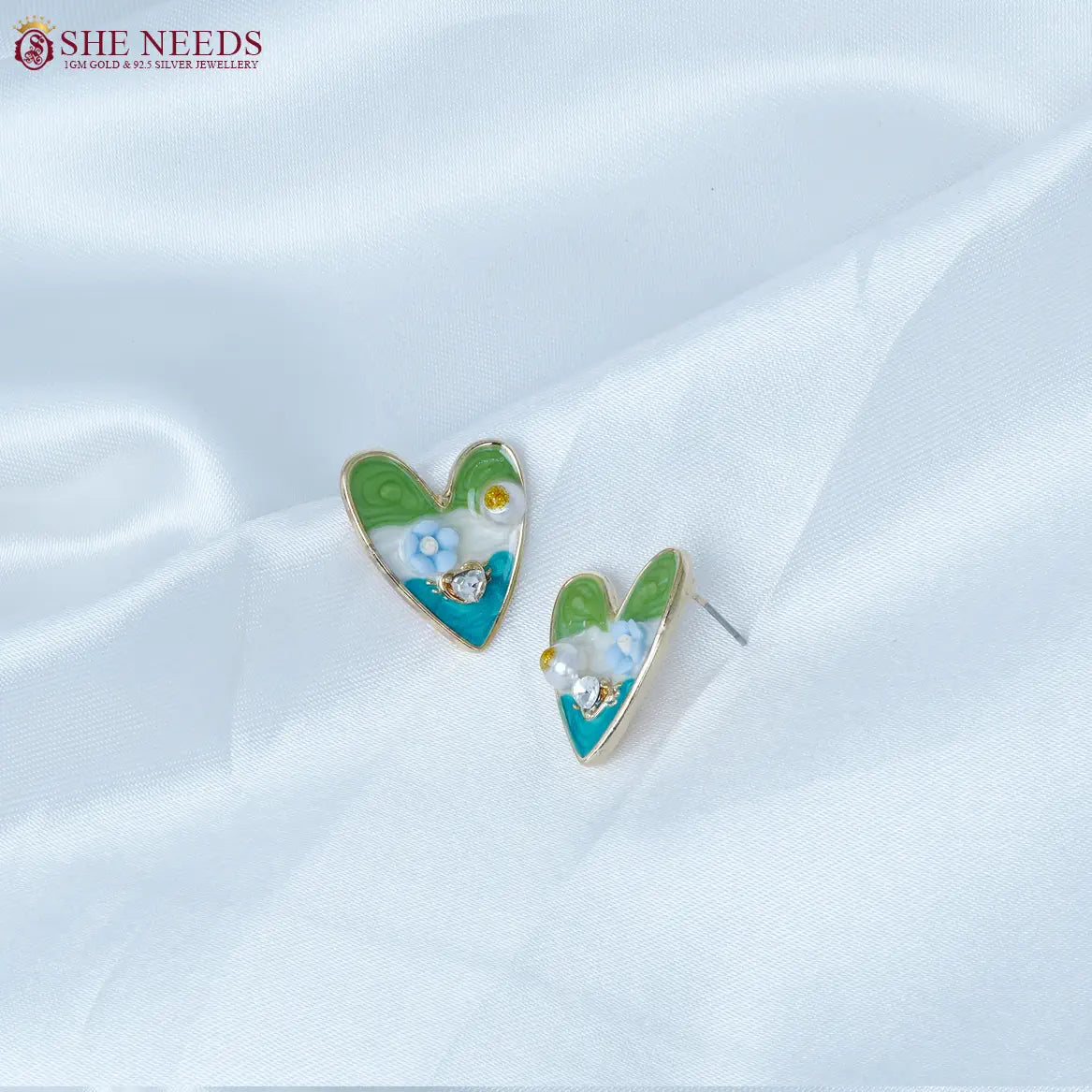 Green and blue enamel heart shape fancy earrings by She Needs Jewellery