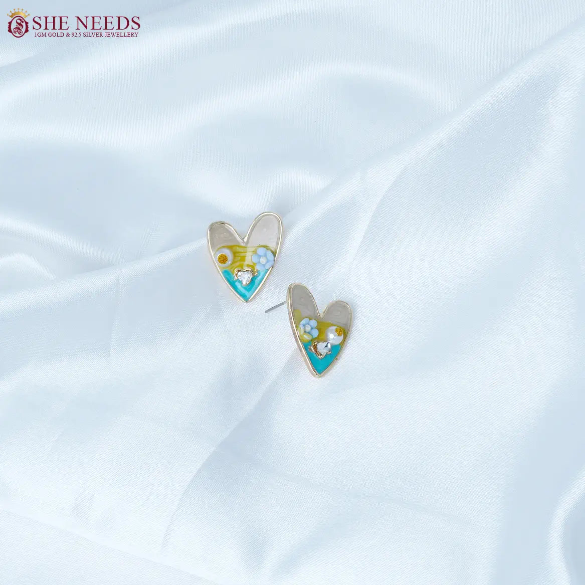 Yellow, Blue & White Enamel Heart Fancy Earrings