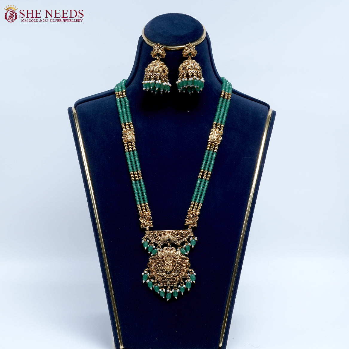 Emerald Lakshmi temple beads necklace set by She Needs Jewellery