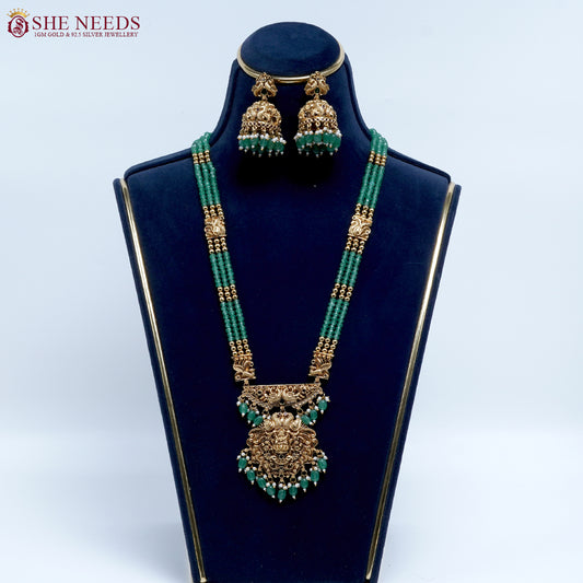 Emerald Lakshmi temple beads necklace set by She Needs Jewellery