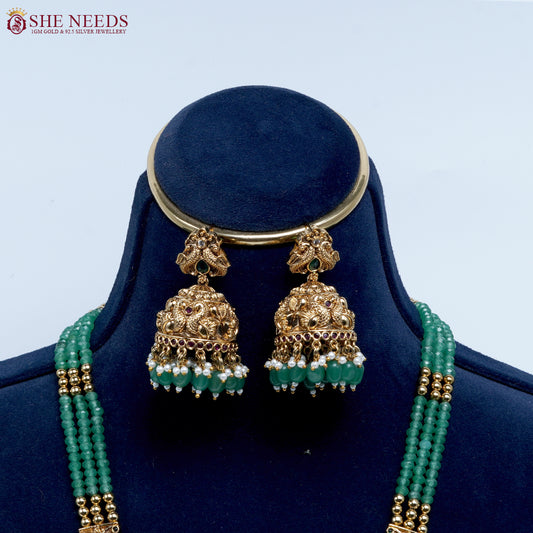 Emerald Lakshmi temple beads necklace set by She Needs Jewellery