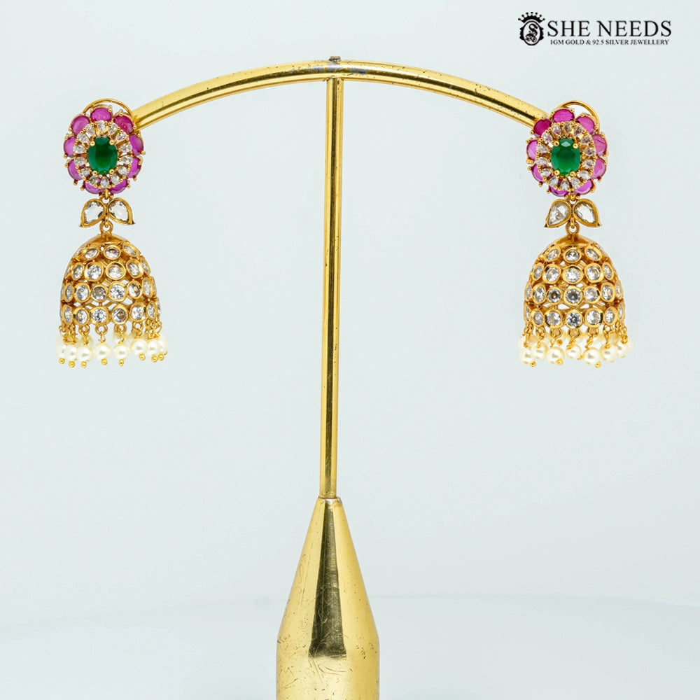 Floral Kemp Stone Bridal Jhumka Earrings