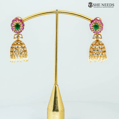 Floral Kemp Stone Bridal Jhumka Earrings