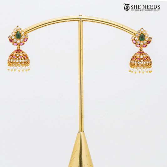 Gold finish CZ jhumkas earrings with pearl drops – She Needs Jewellery