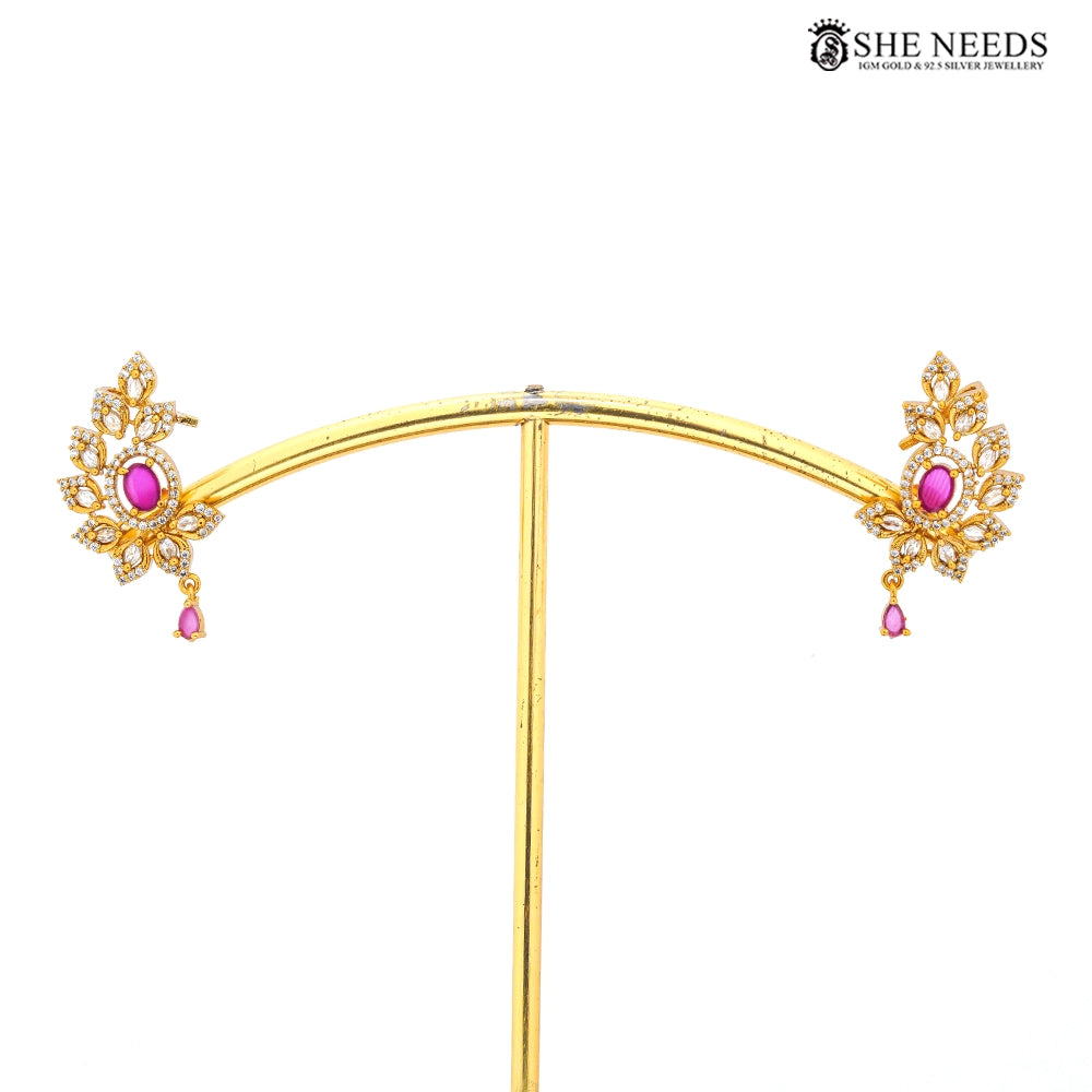 Gold Finish Floral CZ Stud Earrings with Green Stone