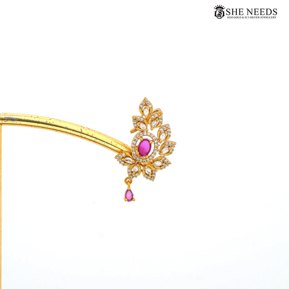 Gold Finish Floral CZ Stud Earrings with Green Stone