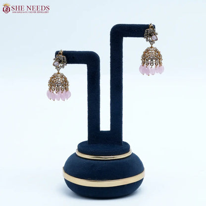 Emerald Light Pink crystal antique jhumka earrings by She Needs Jewellery