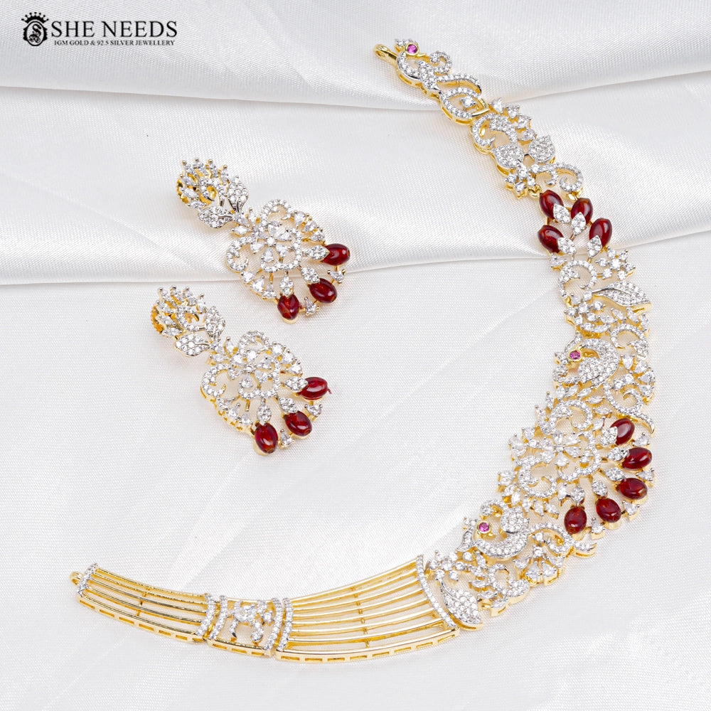 Elegant CZ Diamond Necklace Set with Red Stone Drops | Bridal Party Wear Jewellery Set