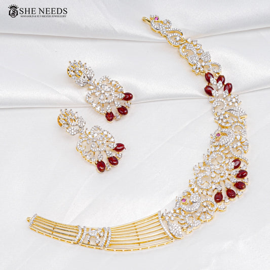 CZ diamond necklace set with red stone drops and matching earrings by She Needs Jewellery