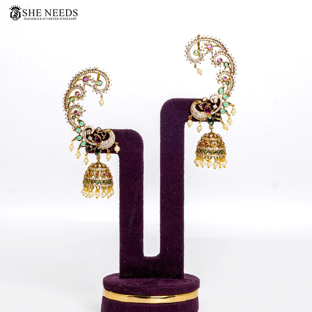 Royal Peacock Gold Jhumkas with Multicolor Stones & Pearl Drops
