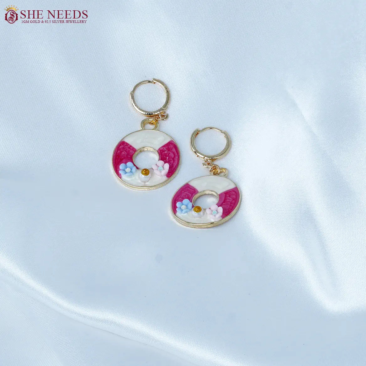 Pink & White Enamel Floral Fancy Earrings