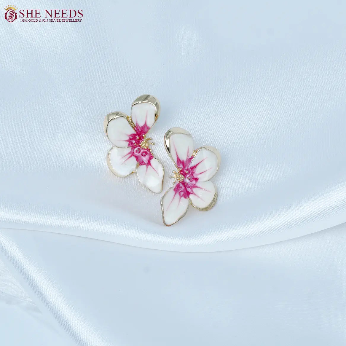 White and rose pink enamel floral fancy earrings by She Needs Jewellery