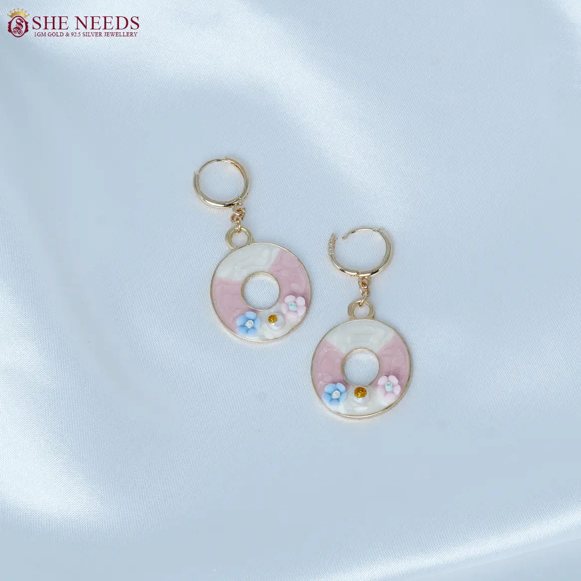 Pastel pink and white enamel round fancy earrings by She Needs Jewellery