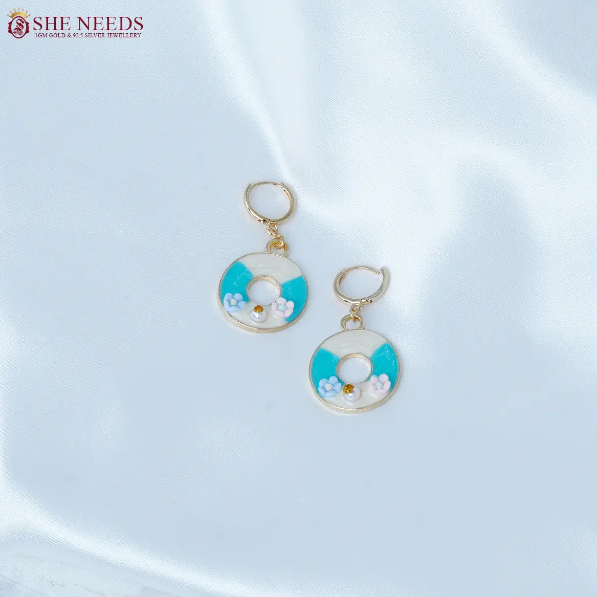 Aqua Blue & White Enamel Round Fancy Earrings