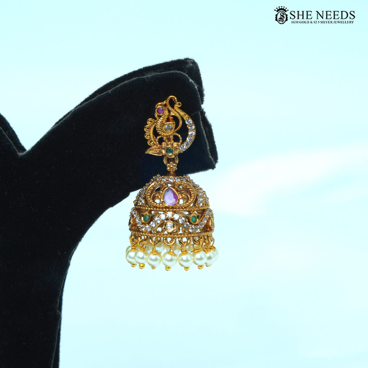 Peacock Motif Green Pink Stone Pearl Jhumka Earrings