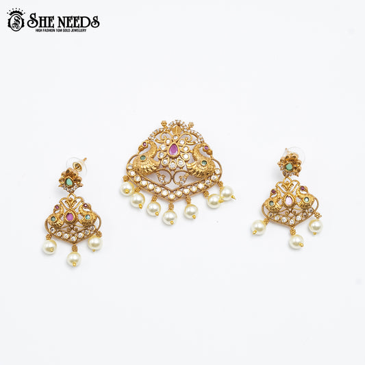 Antique gold Peacock Pearl Pendant Set featuring twin peacock motifs, sparkling kundan stones, ruby-pink and emerald-green accents, intricate filigree detailing, pearl danglers, and matching earrings |She Needs Jewellery
