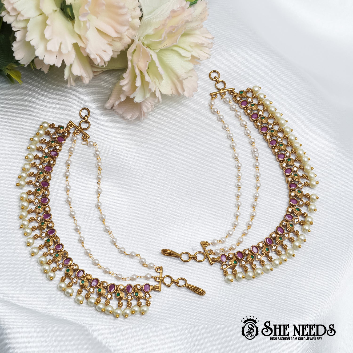 Pearl Kempu Traditional Payal with layered pearls and pink stone detailing