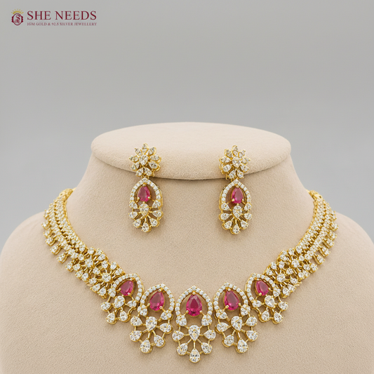 Pink Gold Plated American Diamond Floral Necklace Set with Matching Statement Drop Earrings by She Needs Jewellery