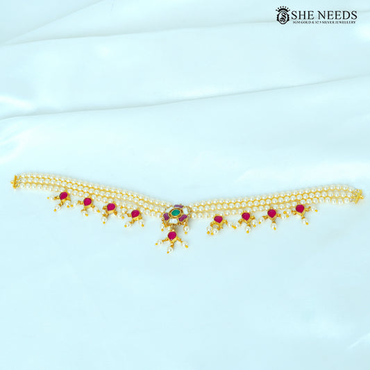 Pink pearl choker necklace with gold-plated floral pendant and pink stone accents|She Needs Jewellery
