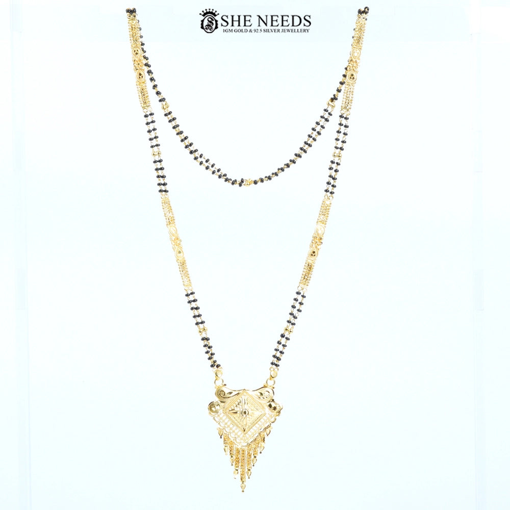 Pranavi Gold Plated Traditional Diamond Engraved Mangalsutra with Black Beads