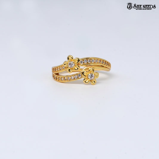 Gold plated dual flower adjustable ring for women with crystal stones