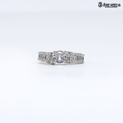 Silver gleam solitaire ring with crystal studded band for women