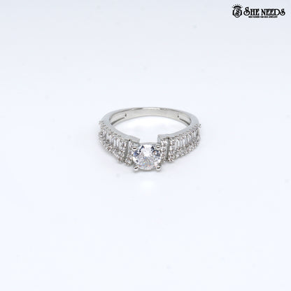 Silver gleam solitaire ring with crystal studded band for women