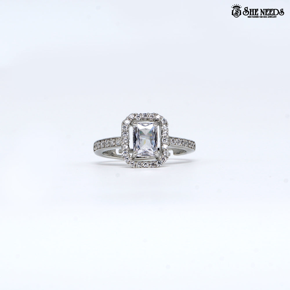 Silver emerald cut halo ring with cubic zirconia stones for women