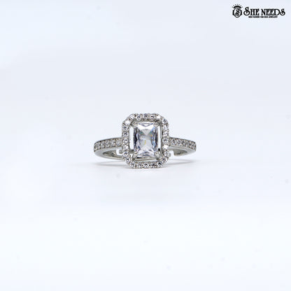 Silver emerald cut halo ring with cubic zirconia stones for women