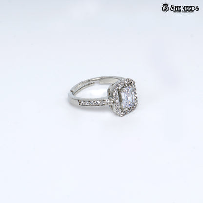 Silver emerald cut halo ring with cubic zirconia stones for women