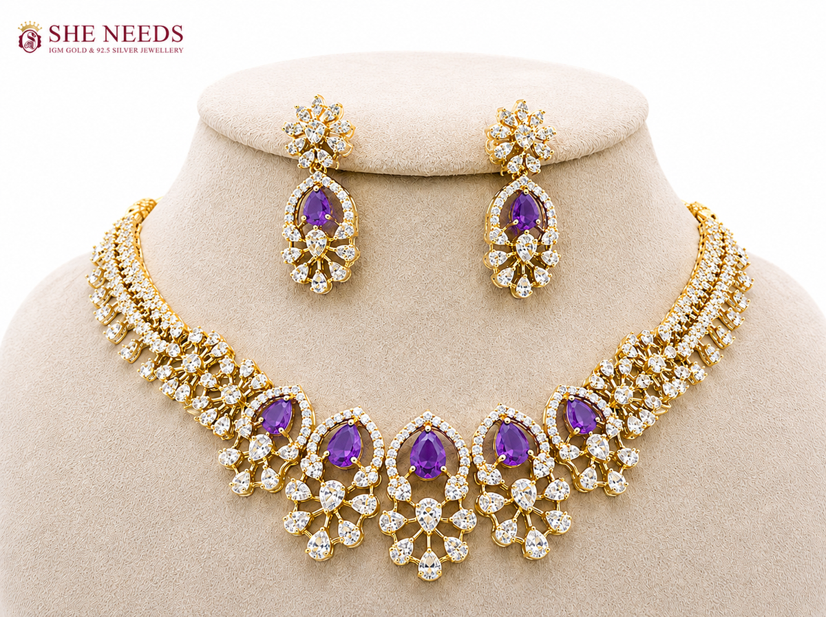 Gold Plated American Diamond Floral Necklace Set with Statement Drop Earrings